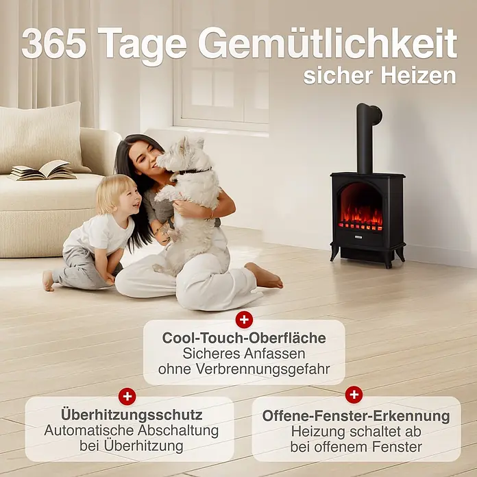 Elektrischer Kamin KAMINIO Leni mit Ofenrohr - 23 x 37,5 x 91 cm, Schwarz - Schwarzer Elektrokamin mit Schornstein, mit Cool-Touch-Oberfläche, Überhitzungsschutz und Fenstererkennung für sicheres Heizen.