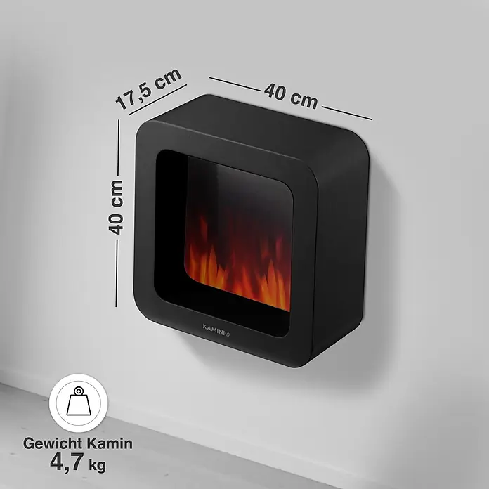 Elektrischer Kamin KAMINIO Mia Xl - 17,5 x 40 x 40 cm, Schwarz - Schwarzer, wandmontierter Elektrokamin mit Flammen-Effekt. Maße: 40x40x17,5 cm, Gewicht: 4,7 kg.