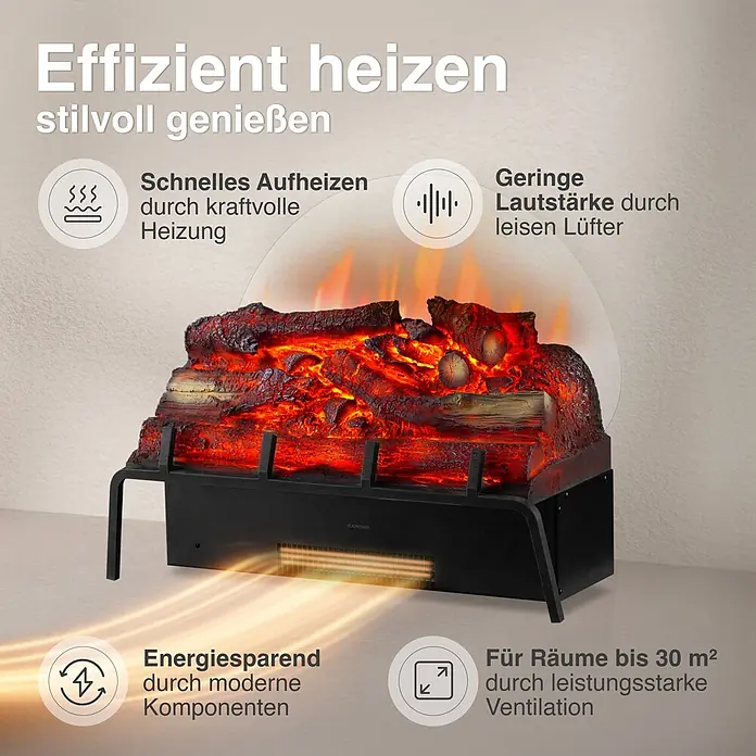Elektrischer Kamin KAMINIO Noah - 27,5 x 59,5 x 47 cm, Schwarz - Schwarzer Elektrokamin-Einsatz mit glühenden Holzscheiten und Flammen, der schnelles, leises, energieeffizientes Heizen für Räume bis 30 m² bietet.