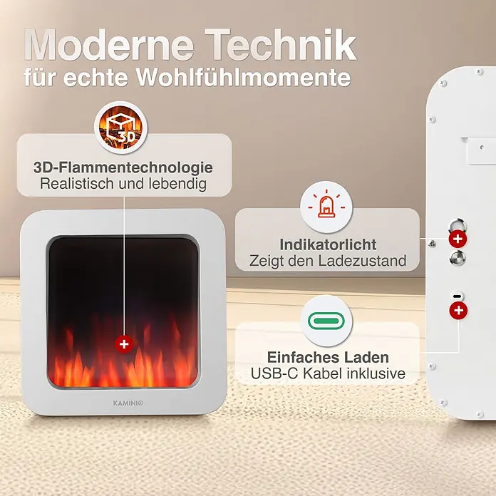 Elektrischer Kamin KAMINIO Mia L - 17,5 x 25 x 25 cm, Weiß - Weißer tragbarer Elektrokamin mit realistischer 3D-Flammenanzeige, Ladeanzeige und USB-C-Anschluss.