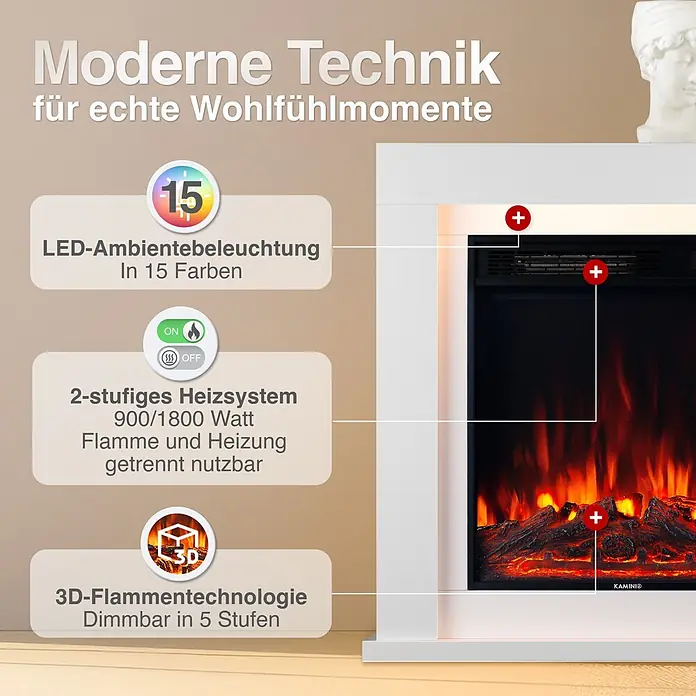 Elektrischer Kamin KAMINIO Matti 32 - 21,5 x 81 x 80 cm, Weiß - Elektrischer Kamin mit 3D-Flammen, 15 LED-Farben, 2-stufiger Heizung. Flammen- und Heizfunktion separat regelbar.