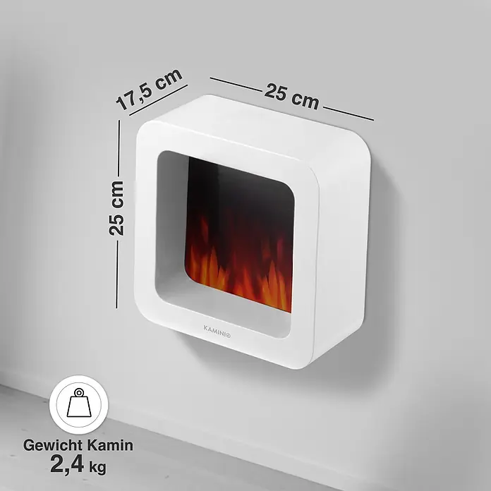Elektrischer Kamin KAMINIO Mia L - 17,5 x 25 x 25 cm, Weiß - Weißer KAMINIO Elektrokamin (25x25x17,5 cm, 2,4 kg) mit Flammen-Effekt.