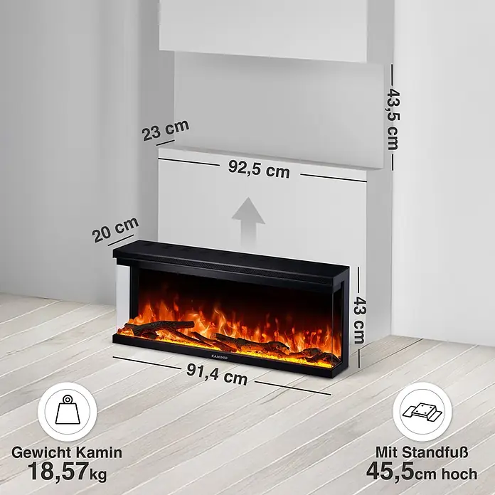 Elektrischer Kamin KAMINIO Lea 36 - 20 x 91,4 x 43 cm, Schwarz - Schwarzer Elektrokamin mit realistischen Flammen, Maße: 91,4 cm (L), 43 cm (H), 18,57 kg Gewicht, 45,5 cm hoch mit Standfuß.