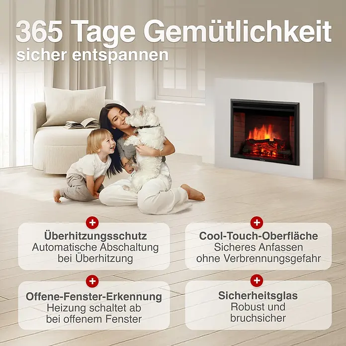 Elektrischer Kamin KAMINIO Luca 23 - 22,5 x 58,4 x 45 cm, Schwarz - Einbau-Elektrokamin mit realistischen Flammen. Bietet Cool-Touch-Oberfläche, Überhitzungsschutz, Fenstererkennung und Sicherheitsglas.