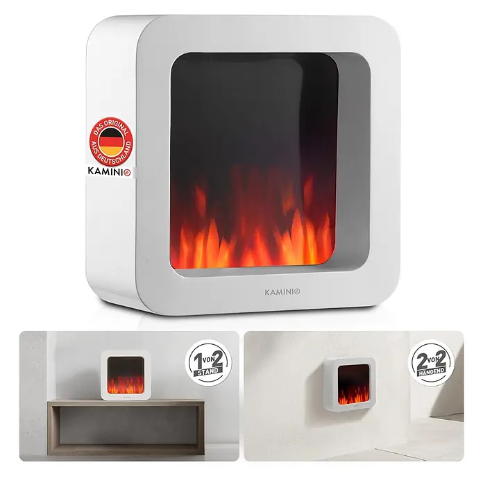 Elektrischer Kamin KAMINIO Mia L - 17,5 x 25 x 25 cm, Weiß - Weißer Elektrokamin mit künstlichen Flammen, freistehend auf einem Regal und wandmontiert dargestellt.