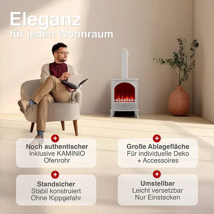 Elektrischer Kamin KAMINIO Leni mit Ofenrohr - 23 x 37,5 x 91 cm, Weiß - Weißer Elektrokamin mit Ofenrohr in einem eleganten Wohnzimmer, wo ein Mann ein Buch liest.