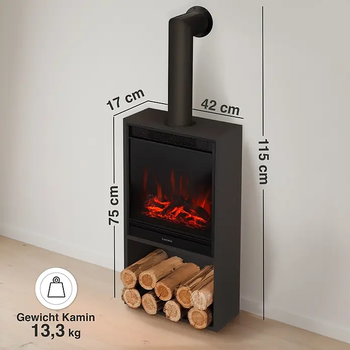 Elektrischer Kamin KAMINIO Hugo mit Ofenrohr - 17 x 42 x 115 cm, Schwarz - Dunkelgrauer Elektrokamin mit dekorativem Rauchrohr, realistischer Flammenoptik und Holzfach.