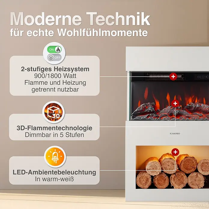 Elektrischer Kamin KAMINIO Henri - 21,7 x 48 x 75 cm, Weiß - Weißer Elektrokamin mit realistischen 3D-Flammen, Holzscheiten und Heizelement. Verfügt über 2-stufige Heizung und warmweiße LED-Ambientebeleuchtung.
