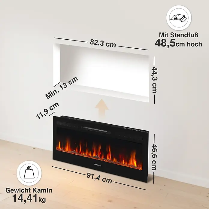 Elektrischer Kamin KAMINIO Marlon 36 - 11,9 x 91,4 x 46,6 cm, Schwarz - Schwarzer Elektrokamin mit simuliertem Flammenbild und allen Maßen für Wandeinbau; 14,41 kg Gewicht.