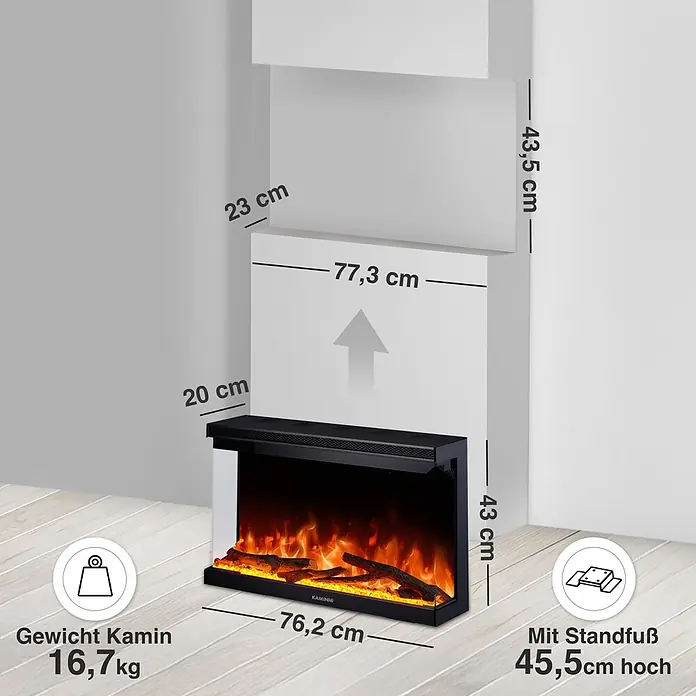 Elektrischer Kamin KAMINIO Lea 30 - 20 x 76,2 x 43 cm, Schwarz - Schwarzer Elektrokamin mit realistischer Flammenoptik und Holzscheiten. Maße (Länge, Höhe, Tiefe) und Gewicht sind inklusive Standfußhöhe angegeben.