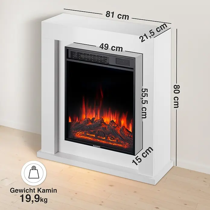 Elektrischer Kamin KAMINIO Matti 32 - 21,5 x 81 x 80 cm, Weiß - Weißer Elektrokamin mit Flammenanzeige, Maße und Gewicht 19,9 kg.