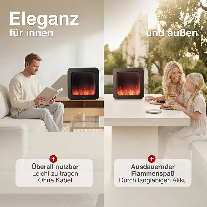 Elektrischer Kamin KAMINIO Mia Xl - 17,5 x 40 x 40 cm, Schwarz - Zwei tragbare Elektrokamine, einer drinnen mit einem Mann lesend, einer draußen mit einer Familie, zeigen elegante Flammen und Vielseitigkeit.