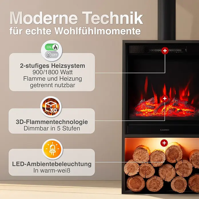 Elektrischer Kamin KAMINIO Hugo mit Ofenrohr - 17 x 42 x 115 cm, Schwarz - Schwarzer Elektrokamin mit 2-stufiger Heizung, dimmbaren 3D-Flammen und warmweißer LED-Ambientebeleuchtung.