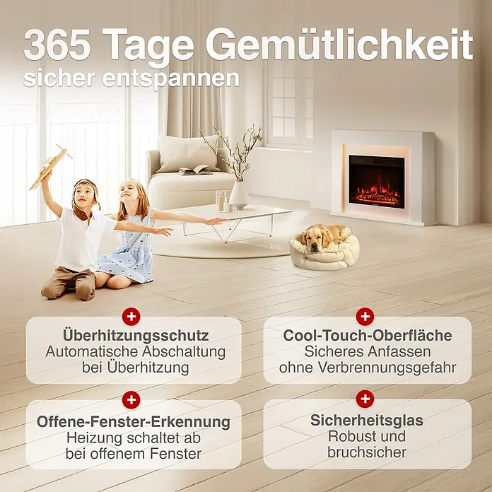 Elektrischer Kamin KAMINIO Matti 38 - 26 x 95 x 77 cm, Weiß - Weißer Elektrokamin im Wohnzimmer mit Kindern und Hund, betont Sicherheitsfunktionen wie Überhitzungsschutz und kühle Oberfläche.