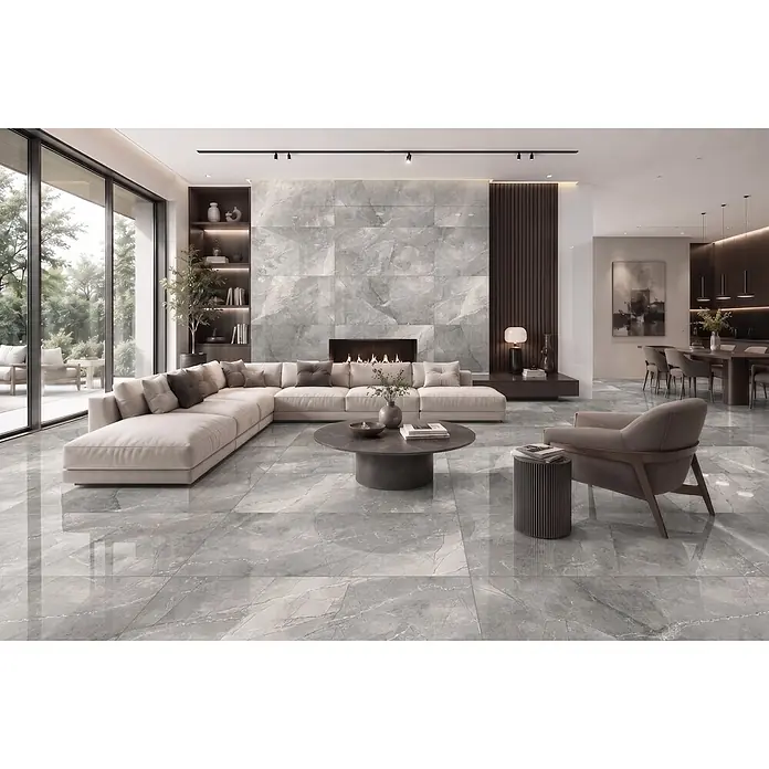 Palazzo Feinsteinzeugfliese Jordan - 60 x 120 cm, Gris, Glänzend - Graue Marmor-Effekt-Bodenfliesen und passende Wandpaneele in einem modernen Wohnzimmer.