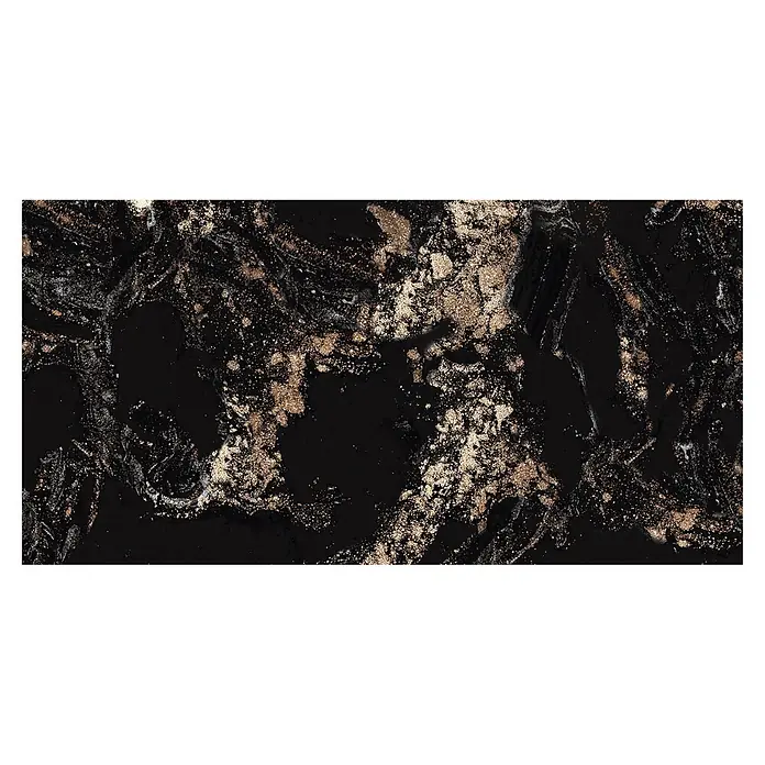 Feinsteinzeugfliese Opus Gold - 60 x 30 cm, Schwarz, Braun, Gold, Glänzend - Luxuriöse schwarz-goldene Marmorstruktur mit schimmernden Metallic-Details.