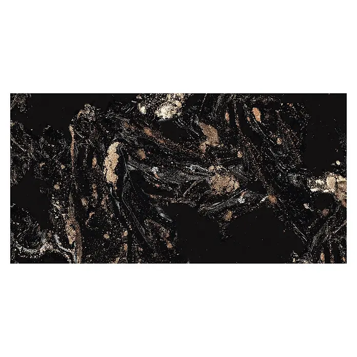 Feinsteinzeugfliese Opus Gold - 60 x 30 cm, Schwarz, Braun, Gold, Glänzend - Schwarzes und goldenes abstraktes Marmormuster mit silbernen Akzenten, geeignet für Oberflächendesign.