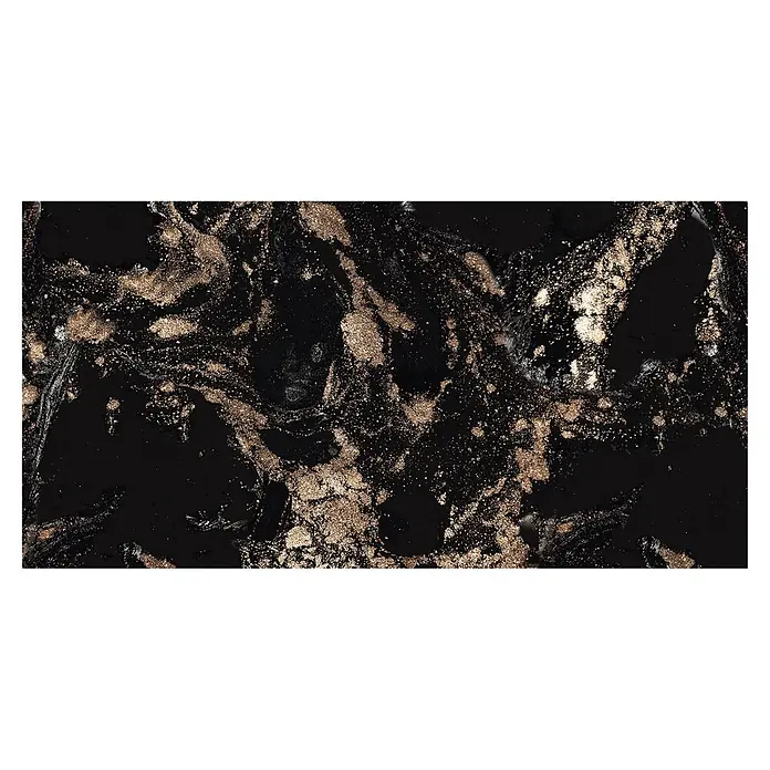 Feinsteinzeugfliese Opus Gold - 60 x 30 cm, Schwarz, Braun, Gold, Glänzend - Abstraktes schwarz-goldenes Muster mit schimmernder, marmorierter Textur.
