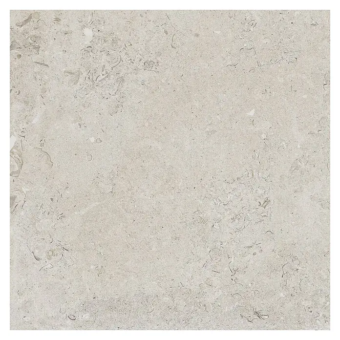 Feinsteinzeugfliese Coralina Blanco - 60 x 60 cm, Weiß, Matt - Helle beigefarbene Kalksteinfliese mit sichtbaren Muschel- und Fossilieneinschlüssen.