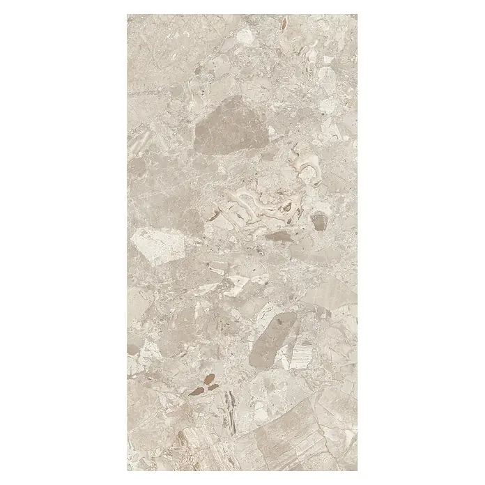 Feinsteinzeugfliese Breccia Mandorla - 120 x 60 cm, Beige, Matt - Große rechteckige Fliese in Beige mit Marmor-Optik, variierten Mustern und natürlichen Maserungen.