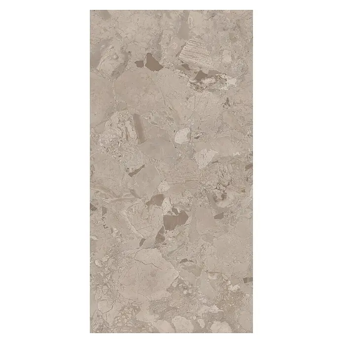 Feinsteinzeugfliese Breccia Mocaccino - 120 x 60 cm, Braun/Beige, Matt - Rechteckige beigegraue und graue Feinsteinzeugfliese in Terrazzo-Optik mit meliertem, gesprenkeltem Muster.