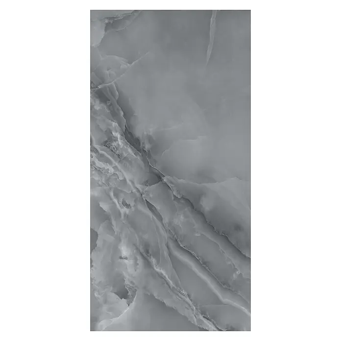 Feinsteinzeugfliese Opus Premium Grey - 120 x 60 cm, Grau, Glänzend - Graues Marmor- oder Onyxmuster mit natürlichen Maserungen für elegante Oberflächen.