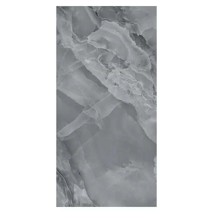 Feinsteinzeugfliese Opus Premium Grey - 120 x 60 cm, Grau, Glänzend - Graue Onyx- oder Marmorfliese mit komplexen weißen und dunkelgrauen Adern, ideal für elegante Oberflächen.