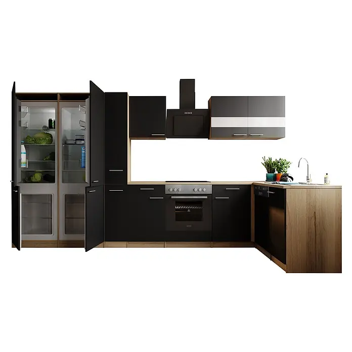 Respekta Merle Winkelküche - B x L: 370 x 175 cm, Schwarz, Mit Elektrogeräten - Vorderansicht