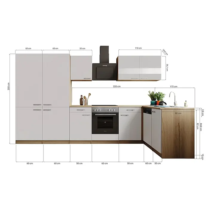 Respekta Merle Winkelküche - B x L: 340 x 175 cm, Schwarz, Mit Elektrogeräten - Skizze