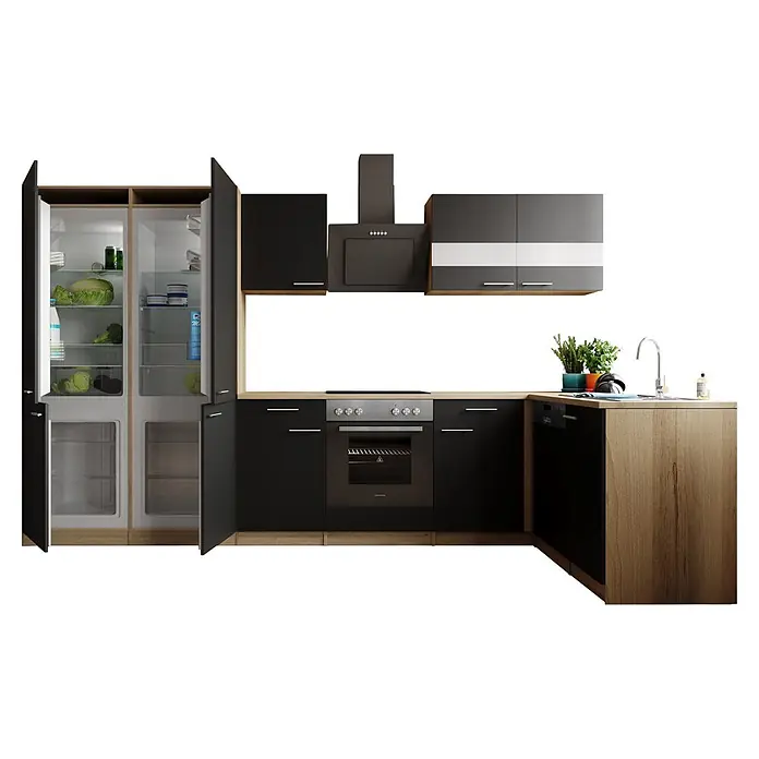 Respekta Merle Winkelküche - B x L: 340 x 175 cm, Schwarz, Mit Elektrogeräten - Vorderansicht