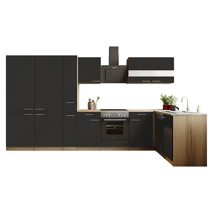 Respekta Merle Winkelküche - B x L: 370 x 175 cm, Schwarz, Mit Elektrogeräten - Vorderansicht