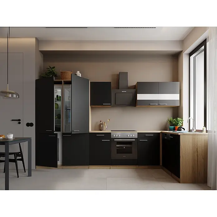 Respekta Merle Winkelküche - B x L: 340 x 175 cm, Schwarz, Mit Elektrogeräten - Stimmungsaufnahme