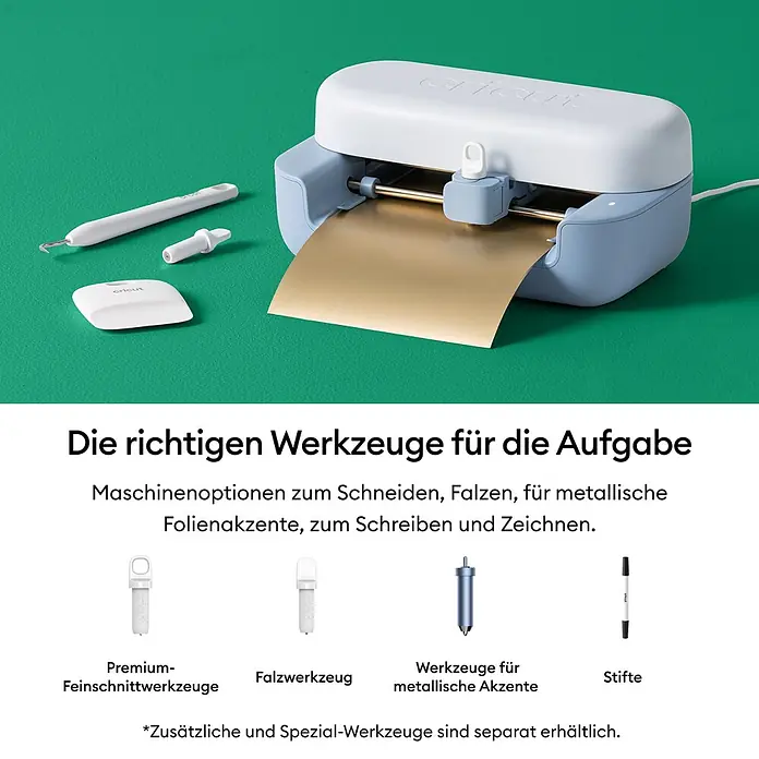Cricut Joy Ersatzklinge Premiumfeinschnittklinge - Passend für: Cricut Joy™, Cricut Joy™ 2 und Cricut Joy Xtra™ - Eine weiße und hellblaue Cricut Joy Maschine mit goldener Folie und verschiedenen Bastelwerkzeugen wie Entgitterwerkzeug, Schaber, Klingen und Stiften.