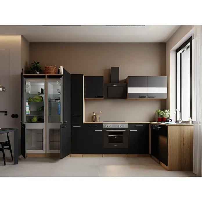 Respekta Merle Winkelküche - B x L: 370 x 175 cm, Schwarz, Mit Elektrogeräten - Stimmungsaufnahme