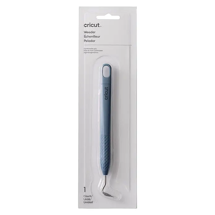 Cricut Plotter-Werkzeug Entgitterhaken - Geeignet für: Aufkleber, Blau - Blauer Cricut Weeder mit texturiertem Griff und gebogener Metallspitze, in Klarsichtverpackung.