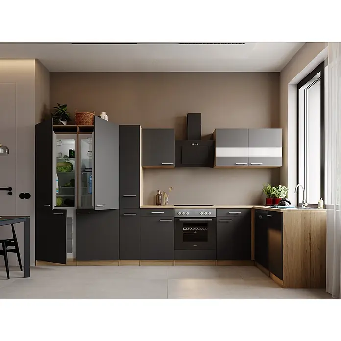 Respekta Merle Winkelküche - B x L: 370 x 175 cm, Grau, Mit Elektrogeräten - Stimmungsaufnahme
