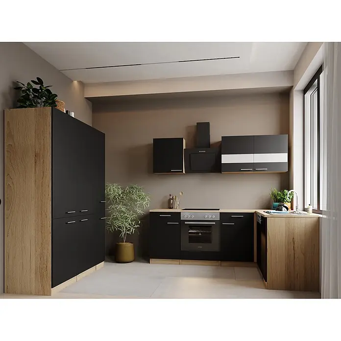 Respekta Merle Winkelküche - B x L: 370 x 175 cm, Schwarz, Mit Elektrogeräten - Stimmungsaufnahme