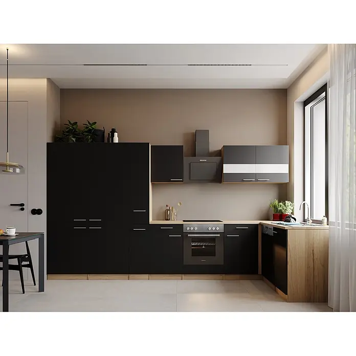 Respekta Merle Winkelküche - B x L: 370 x 175 cm, Schwarz, Mit Elektrogeräten - Stimmungsaufnahme