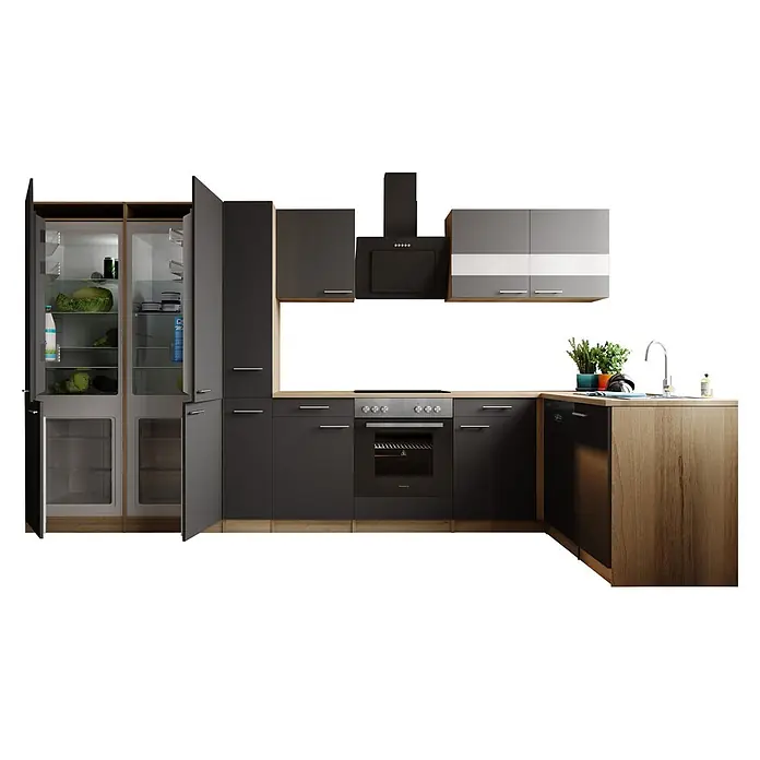 Respekta Merle Winkelküche - B x L: 370 x 175 cm, Grau, Mit Elektrogeräten - Vorderansicht
