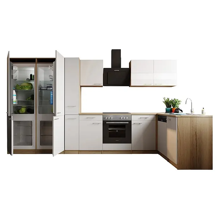 Respekta Merle Winkelküche - B x L: 370 x 175 cm, Weiß, Mit Elektrogeräten - Vorderansicht