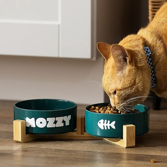 Cricut Joy Ersatzklinge Premiumfeinschnittklinge - Passend für: Cricut Joy™, Cricut Joy™ 2 und Cricut Joy Xtra™ - Eine Ingwerkatze frisst aus einem zweiteiligen Futternapf aus türkisem Keramik auf einem Bambusständer.