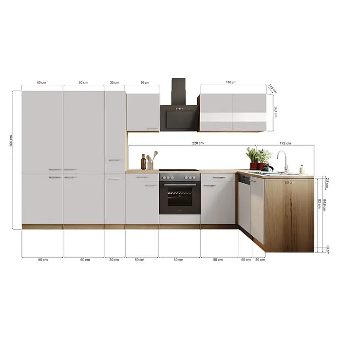 Respekta Merle Winkelküche - B x L: 370 x 175 cm, Weiß, Mit Elektrogeräten - Skizze