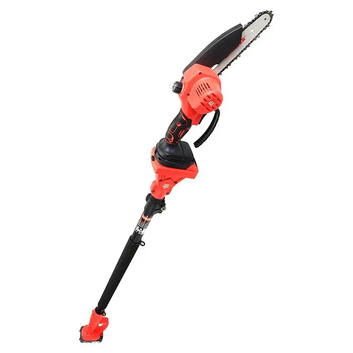 Mader Tijeras de poda telescópicas de batería + motosierra - Grosor de rama máx.: 28 mm, Iones de litio, 2 baterías - Podadora de altura inalámbrica roja y negra con mango extensible y pequeña motosierra para ramas altas.