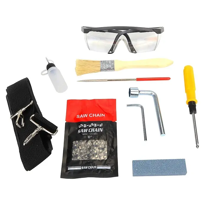 Mader Tijeras de poda telescópicas de batería + motosierra - Grosor de rama máx.: 28 mm, Iones de litio, 2 baterías - Kit de mantenimiento de motosierra con gafas de seguridad, cepillo, botella de aceite, herramientas, cadena de sierra y piedra de afilar.