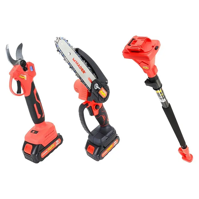 Mader Tijeras de poda telescópicas de batería + motosierra - Grosor de rama máx.: 28 mm, Iones de litio, 2 baterías - Tres herramientas de jardinería rojas y negras a batería: tijeras de podar eléctricas, mini motosierra y pértiga telescópica.