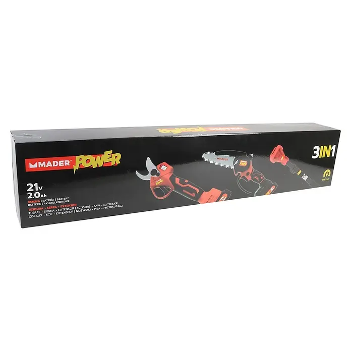 Mader Tijeras de poda telescópicas de batería + motosierra - Grosor de rama máx.: 28 mm, Iones de litio, 2 baterías - Caja negra MADER POWER 3 en 1 de herramientas a batería (21V 2.0Ah) con tijera de podar, mini motosierra y extensor.