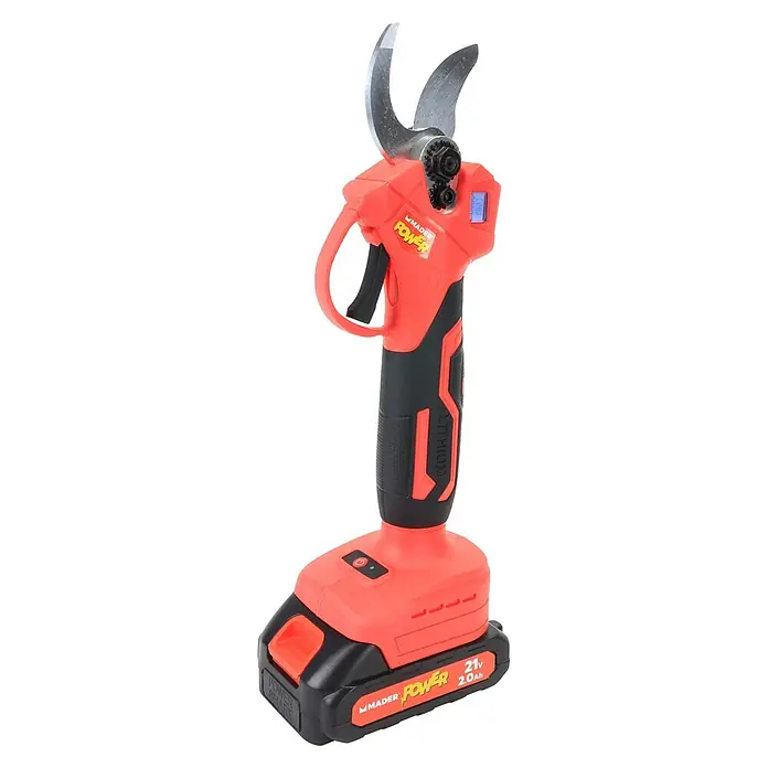 Mader Tijeras de poda telescópicas de batería + motosierra - Grosor de rama máx.: 28 mm, Iones de litio, 2 baterías - Tijeras de podar eléctricas rojas y negras con cuchillas de metal, gatillo, pantalla LCD y batería de 21V 2.0Ah.