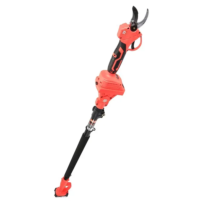 Mader Tijeras de poda telescópicas de batería + motosierra - Grosor de rama máx.: 28 mm, Iones de litio, 2 baterías - Tijeras de podar telescópicas eléctricas naranjas y negras, a batería para podar a largo alcance.
