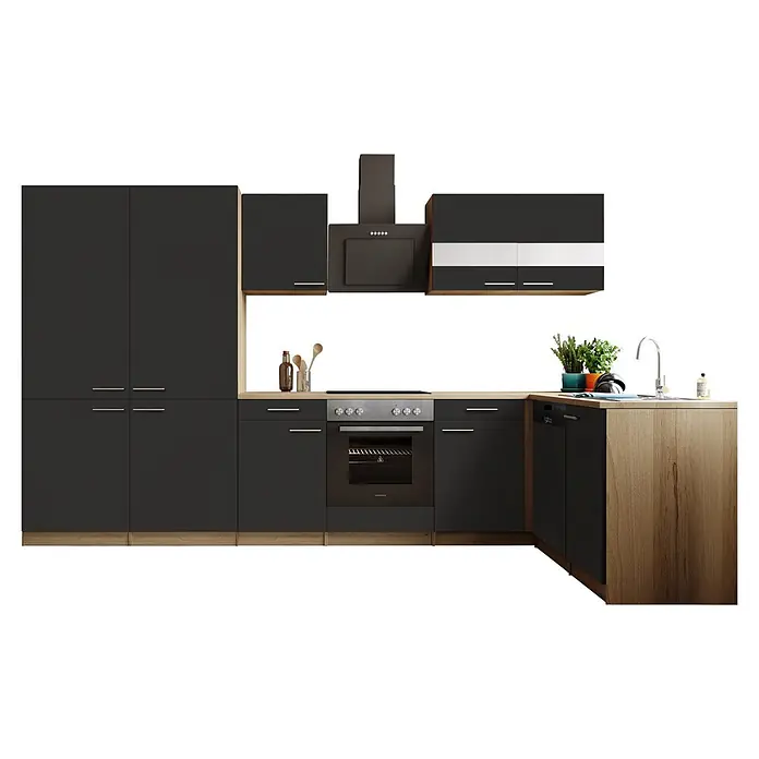 Respekta Merle Winkelküche - B x L: 340 x 175 cm, Schwarz, Mit Elektrogeräten - Vorderansicht