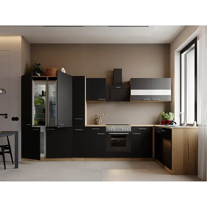 Respekta Merle Winkelküche - B x L: 370 x 175 cm, Schwarz, Mit Elektrogeräten - Stimmungsaufnahme